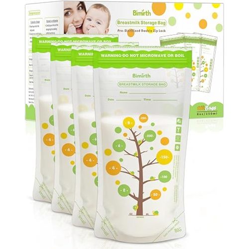 112 Count Breast Milk Storage Bags for Freezer, 8oz BPA-Free Breastmilk Bags, Double Zipper Leak-Resistant & Self-Standing, Thick Durable Milk Storage Bags – Bimirth