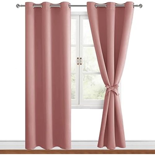 Hiasan Blackout Curtains for Bedroom, 42 x 84 Inches Long - Thermal Insulated & Energy Saving Window Curtains for Living Room, 2 Drape Panels Sewn with Tiebacks, Dusty Rose
