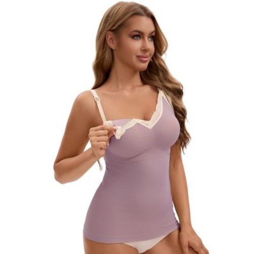 INSPIRE CHIC Women's Lace V Neck Pregnancy Cami with Built-In Bra Maternity Nursing Tank Top for Breastfeeding