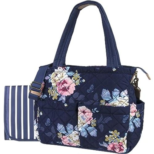 Baby Essentials Quilted Diaper Bag Crossbody Tote Purse with Changing Pad & 10 Pockets in Blue