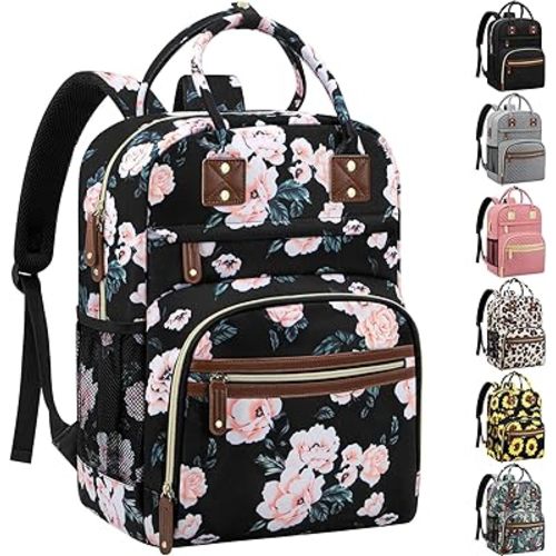 Diaper Bag Backpack Tote for Women Large Capacity with Insulated Pockets Multifunctional Diaper Bags For Baby Girl Boy Waterproof Baby Bags, Maternity Bag Black Pink Floral