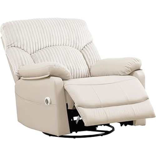 SUNWAVE Power Recliner Chair, Electric Swivel Rocker, Heat & Massage, Hybrid Corduroy&PU Leather, Infinite Position Recliner, USB Remote, Tool-Free Assembly (Ivory)