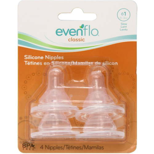 Evenflo Classic Nipples, Slow Flow 0-3 months, Silicone, 4-Pack