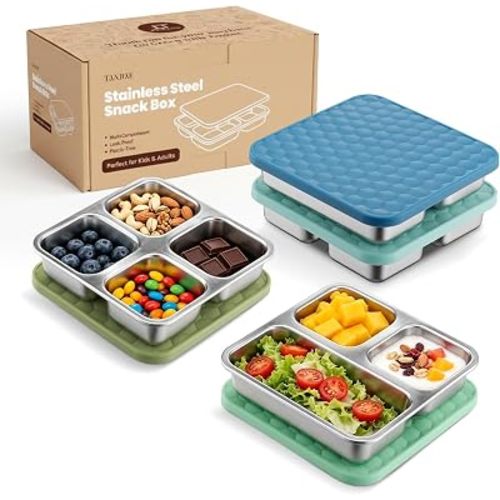 Tanjiae Stainless Steel Snack Box for Kids & Toddlers, 20oz Multi-Compartment Leak Proof Food Container with Silicone Lids - Reusable Metal Bento Box for Daycare, School, Travel, Camping