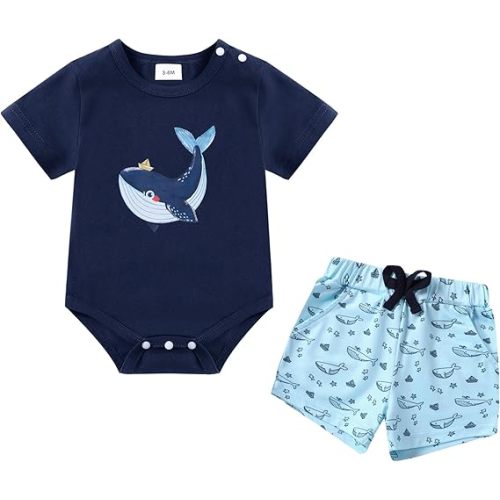 Coco&RARA Baby Boy Clothes Newborn Summer Short Sleeve Cotton Crew Neck Button Crotch Romper Short Set Infant Boy Clothes