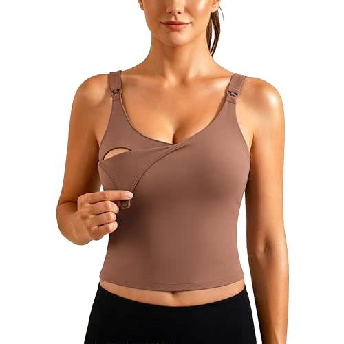Ecavus Nursing Bras for Breastfeeding Longline Sports Maternity V Neck Buttery Soft Crop Tank Top with Built in Bra