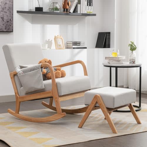 Attaliarec Nursery Rocking Chairs with Ottoman,Rocker Chair Glider Chair for Nursery,Modern Mid Century Living Room Chair Nursing Comfy Chairs for Mom Seniors, Light Gray