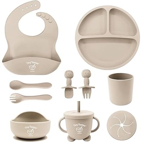 10-Piece Silicone Baby Feeding Set – BPA-Free, Spill-Proof Suction Plate, Bowl, Bib, Snack Cup & Utensils | Dishwasher Safe, Baby Gift Ready (Beige)