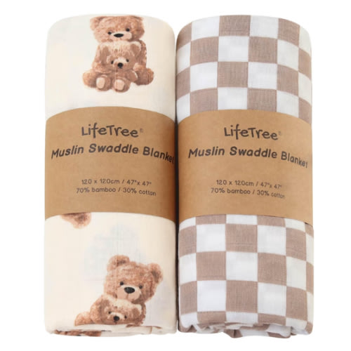 LifeTree Muslin Swaddle Blankets, Baby Swaddling Wrap Nursery Blanket Unisex, Soft 70% Viscose from Bamboo and 30% Cotton, Large 47 x 47 inches, Bear & Checkered Swaddle Blanket