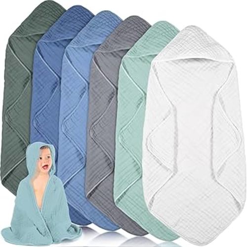 Peryiter 6 Pcs Muslin Hooded Baby Towels,32"x 32" Cotton Newborn Bath Towel Muslin Infant Baby Blankets Absorbent Unisex Newborn Registry Gift for Girls Boys (Blue Series)