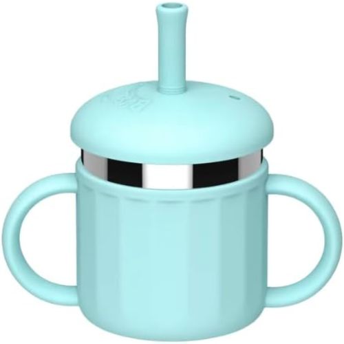 Stainless Steel Toddler Cup with Silicone Sleeve – 100% Leak-Proof Sippy Cup with Handles & Straw – Non-Toxic, Easy to Clean, Dishwasher Safe Baby Cup for Ages 6M+ (Blue)