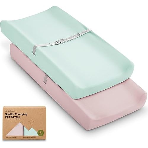 2-Pack Organic Changing Pad Covers for Girl, Boy, Neutral - 100% Cotton Changing Table Pad Cover, Soft Baby Nursery Diaper Changing Pad Sheets, Contour Changing Pads Liners, Change Pad Cover (Pastel)