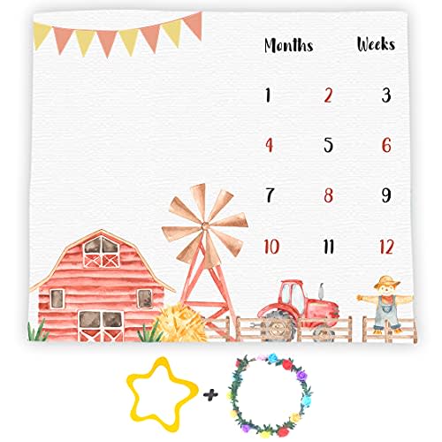 F-FUN SOUL Monthly Milestone Blanket, 48x40in, Farm Baby Blankets, Tractor and Barn Nursery Swaddling Blankets, Newborn Mom Gifts, Baby Shower Age Growth Tracker with Bonus Maker