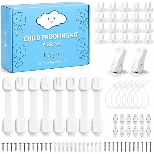 Inaya Baby Proofing Kit - Child Safety Hidden Locks for Cabinets & Drawers, Anti-tip Straps, Door Lever Locks and Outlet Covers - Baby Proof Pack to Keep Your Child Safe at Home