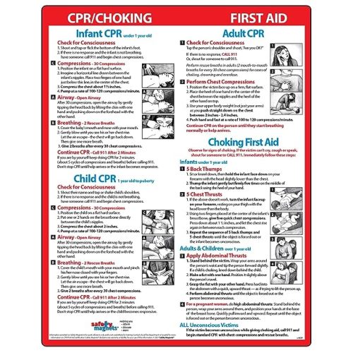 CPR, Choking First Aid Magnet - Babies, Children, Adults - Heimlich Maneuver Emergency Instructions - First Aid Quick Reference Card with Magnets, 8.5 x 11 in.