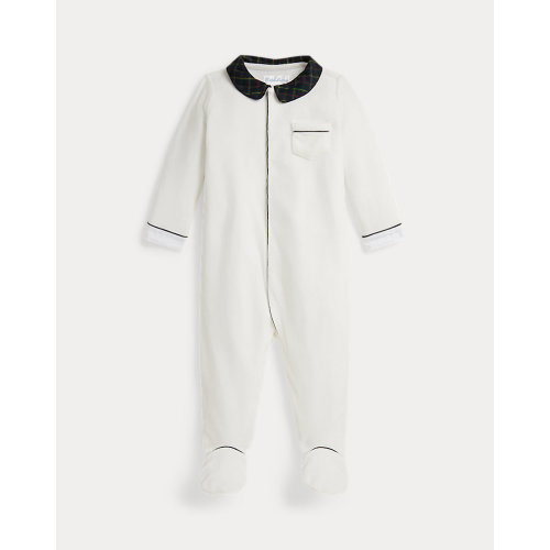 Plaid-Trim Velour Footed Coverall