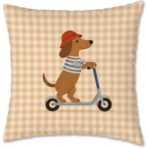 Cute Dachshund on Scooter Pillow Cover 18x18, Dachshund Lover Gifts, Beige Gingham Plaid Funny Weiner Dog Decorative Pillow Cover Pillowcase for Kids Room Nursery Playroom Home