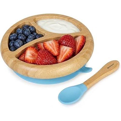 Abiie Octopod Bamboo Dish & Spoon - Suction Baby Plate - 4 Mos & Up - Blue