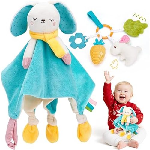 hahaland Baby Lovey Security Blanket, Plush Hanging Sensory Toy with Teether, Rattle & Crinkle for Infant 0-3-6-12 Months, Christmas Set for Boys Girls Snuggle & Play