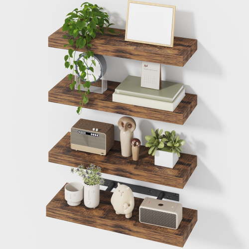 Fairy 15.8in Floating Shelves, Wall Shelves Set of 4, Shelves for Wall Decor, with Invisible Brackets, 15.8x5.5x1.2inches, Rustic Brown