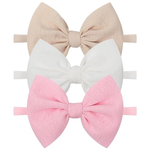 YanJie Baby Girls 4.5" Nylon Headbands, Handmade Hair Bows Hairbands Hair Accessories for Newborn Infant Toddlers Kids, 3 Pieces, Light Pink/White/Beige