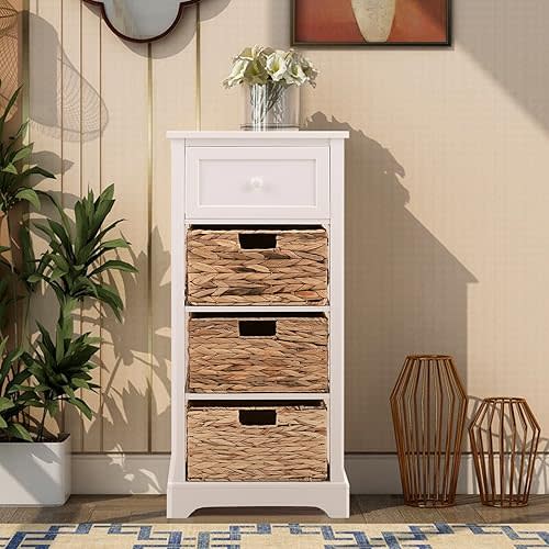PHI VILLA White Storage Cabinet with Baskets, Farmhouse Accent Narrow Cabinets with Shelves for Bathroom Entryway Rattan Cabinet with Drawer End Table Beside Table