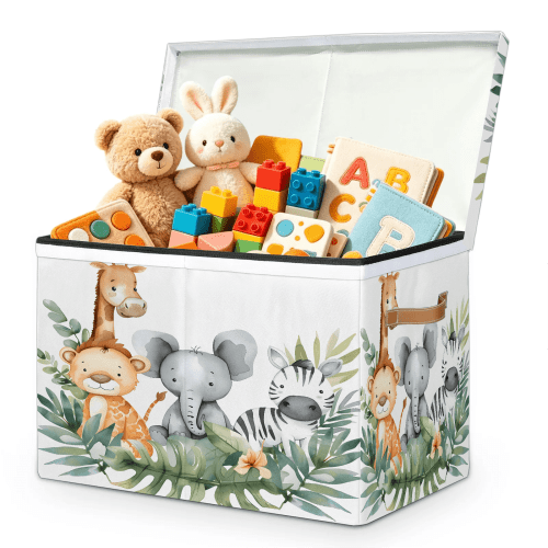 Jiaoprinted Jungle Wild Animals Toy Storage Box Chest with Lid & Divider, Jungle Elephant Giraffe Zebra Foldable Toy Organizer Bin with Sturdy Handles for Nursery Living Room, 85L, 25"x13"x16"
