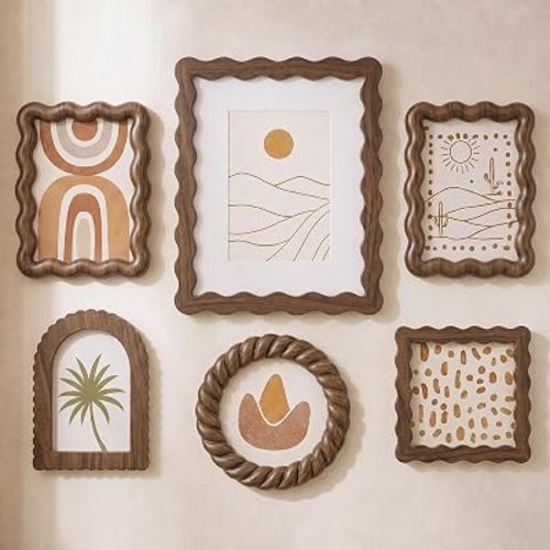 Novabright 6 Pcs Vintage Picture Frames Wavy/Scalloped Edge 5 Sizes Wooden Gold Photo Frame for Tabletop and Wall Display Antique Gallery Wall Decor for Friend Family Grandma Mom (Wood,Vintage)