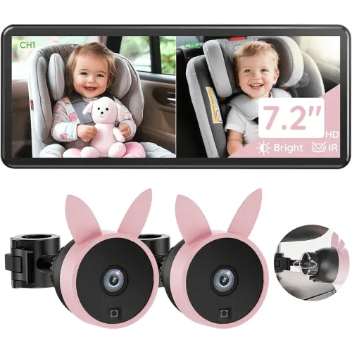 Babyvue BV3PRO 7.2" 1080P HD Dual Camera Car Baby Monitor for 2 Kids, IR Night Vision, Easy Installation, Brightness Adjustment, Car Seat Camera, Ideal Gift for Girls and Pets Monitoring