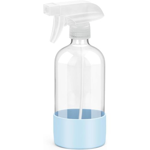 Glass Spray Bottles with Silicone Sleeve Protection, Empty 16 oz Refillable Containers, Reusable Spray Bottles with Adjustable Nozzle for Hair, Cleaning Solutions, Essential Oils 1 Pack Blue