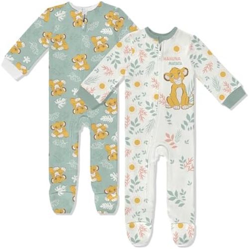 Disney Baby Onesies 2 Pack Zip-Up Sleeper - Winnie The Pooh, Toy Story, Lion King, Aristocats - Newborn Girls & Boy's Pajamas