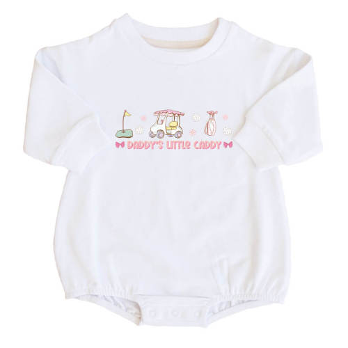 Daddy's Little Caddy Graphic Sweatshirt Bubble Romper | White