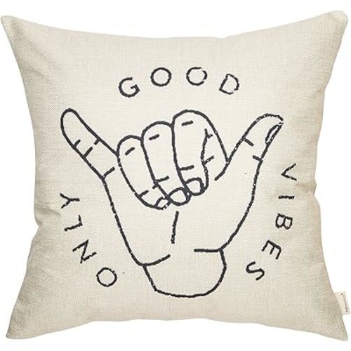 Fahrendom Good Vibes Only Aloha Hand Gesture Hang Hand Symbol Motivational Sign Cotton Linen Home Decorative Throw Pillow Case Cushion Cover with Words for Sofa Couch 18 x 18 in