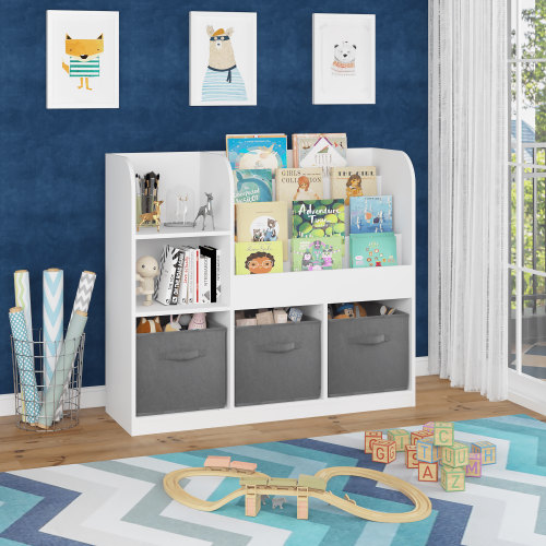 Jopath Kids Toy Organization Cubby Bookcase with 3 Fabric Drawers,Bookcase Display Stand for Bedroom, Playroom,Gray02