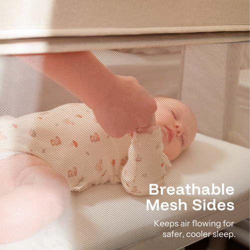 HARPPA Baby Bassinet, Compact Rolling Bassinet with Wheels and Storage, Adjustable Height, Beige