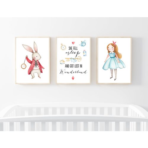 Alice in Wonderland Nursery Prints, She Fell Asleep in Wonderland Print, Set of 3 Watercolor Prints, Girl's Room Decor, Baby Girl Nursery