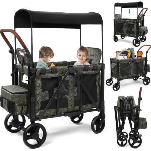 Vomeast Wagon Stroller for 2 Kids, 3-in-1 Stroller Wagon with Canopy, 5-Point Harness, Adjustable Handlebars, Removable Seat for Toddlers, Camo Green