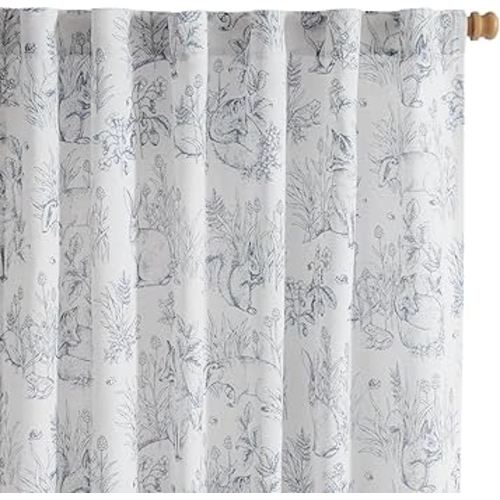 Vangao Easter Blue Nursery Curtains for Kids Room Linen Curtains 63 Inch Long Farmhouse Drapes with Bunny Woodland Wildlife Print Light Filtering French Country Forest Design 2 Panels