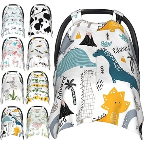Baby Car Seat Cover Personalized Name Nursing Covers for Breastfeeding and Car Seat,Carseat Canopy Cover,Multi Use Cover for Car Seat Nursing Scarf,Dinosaur