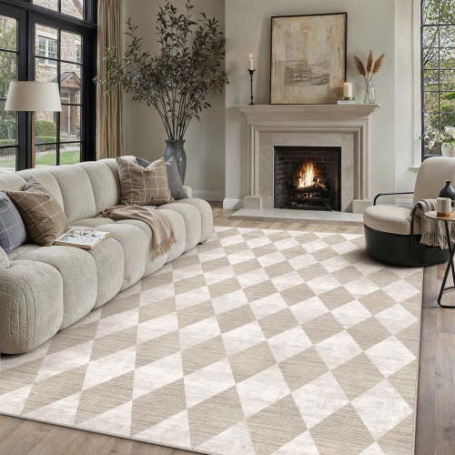 BERTHMEER 8'x10' Area Rugs for Living Room Modern Rhombus Checkered Rug Dining Room Bedroom Kitchen Non Slip Washable Farmhouse Office Geometric Contemporary Rugs Carpets,Beige