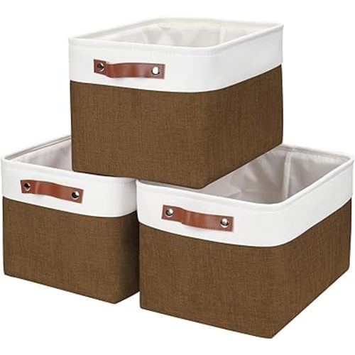 Storage Bins Large Fabric Storage Baskets for Shelves 3 Pack, Decorative Linen Closet Baskets with Handles for Organizing, Shelf, Clothes, Home, Office, 15x11x9.5Inches (Brown&White)