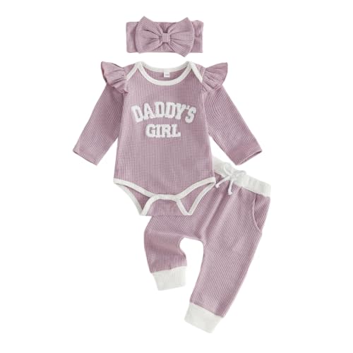 Sejardin Infant Baby Girl Fall Clothes Waffle Newborn Daddys Girl Outfit | Letter Embroidery Print Long Sleeve Romper Pants Headband Newborn 3 6 12 18M Outfit