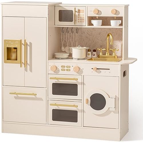 ROBOTIME Wooden Play Kitchen for Kids, Toddler Kitchen Set with Refrigerator, Dishwasher & Oven – Beige Kitchen Playset with Gold Sink & Handles, Toy Kitchen for Girls and Boys Ages 3