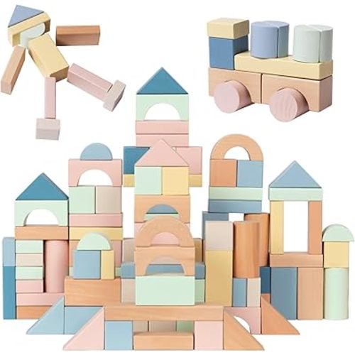 Nene Toys 100-Piece Wooden Building Blocks for Toddlers 1-3 - Soft Pastel Wood Blocks Set for Kids 1-4 - Montessori Stacking & Sorting Toy - FSC-Certified Construction Blocks Gift for Boys & Girls