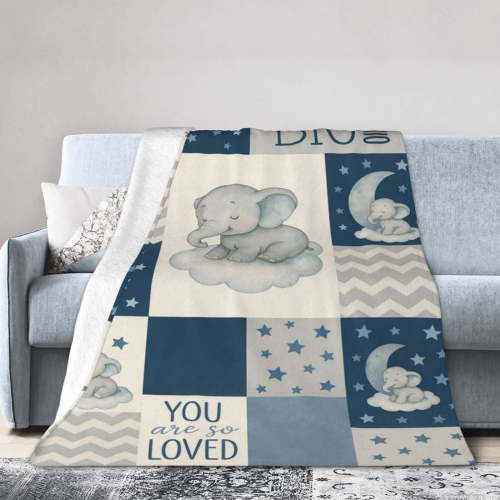 Sleeping Elephant Star Baby Blanket Boys Gift Navy Blue, Dream Big Little One You Are So Loved Patchwork Flannel Fleece Nursery Bed Blankets, Soft Newborn Infant Toddler Crib Bedding 50x40