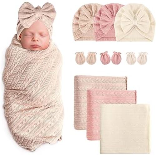 Newborn Receiving Blanket with Bow Hat Mittens Set Wheat-Pattern Newborns Toddler Baby Boy Girl Nursery Swaddle Wrap