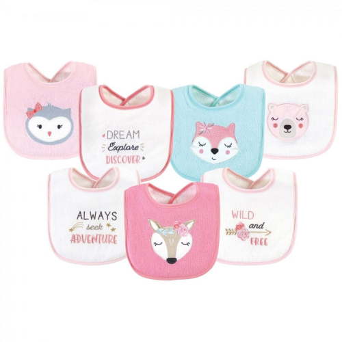 Hudson Baby Infant Girl Cotton Terry Drooler Bibs with Fiber Filling, Pink Girl Woodland, One Size