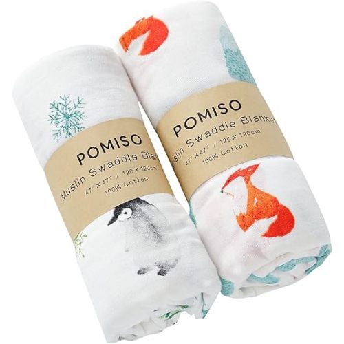 Muslin Swaddle Blankets for Boys & Girls, Receiving Baby Blanket for Newborns, Large 47 x 47 Inches, Soft Breathable Baby Swaddles, Fox & Penguin