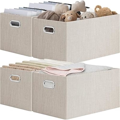 Posprica Closet Storage Bins, 4 Pack Closet Shelf Organizers, Linen Fabric Decorative Storage Baskets for Organizing, Foldable Storage Box for Clothes, Toy, 15x10.5x8.25 Inch (Beige)