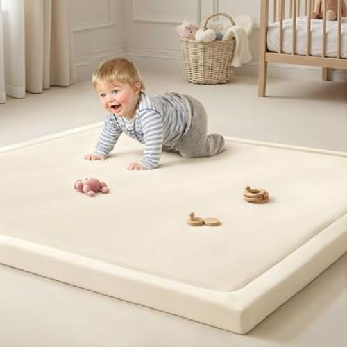 Goyuu Ultra Soft 1.3" Thick Baby Play Mat for Floor, 50x50 Playpen Mat Elasti-Foam Padded Crawling Mat for Babies, Toddlers, Infant, Kids, Non-Slip Backing Safe for Tummy Time, Beige